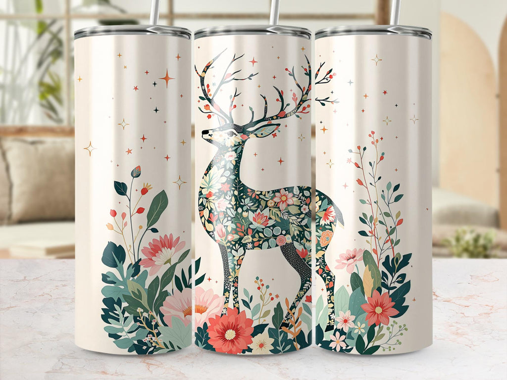Floral Deer Tumbler Wrap: Boho PNG Sublimation Design (Digital Download)