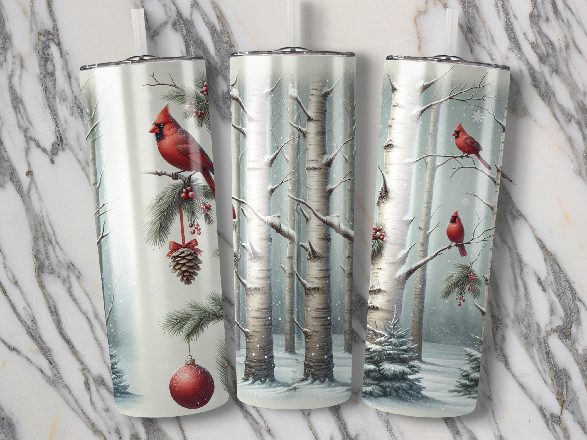 Winter Cardinal Tumbler Wrap: Snowy Birch Tree PNG Design (Digital Download