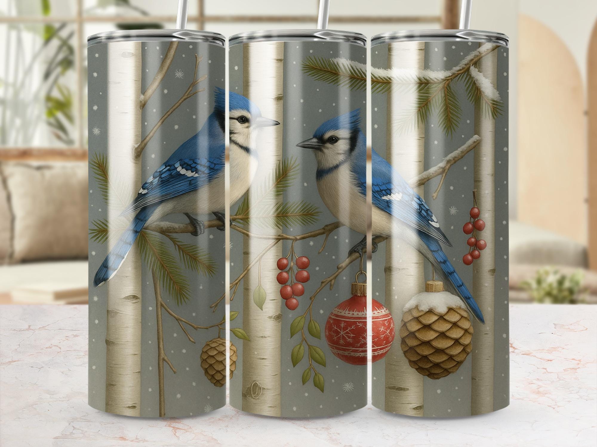Blue Jay Tumbler Wrap: Winter Bird Birch Tree PNG (Digital Download 20oz Tumbler Design)