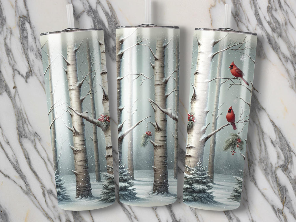 Cardinal Winter Scene Tumbler Wrap: Snowy Birch Tree PNG (Digital Download 20oz Tumbler Design)