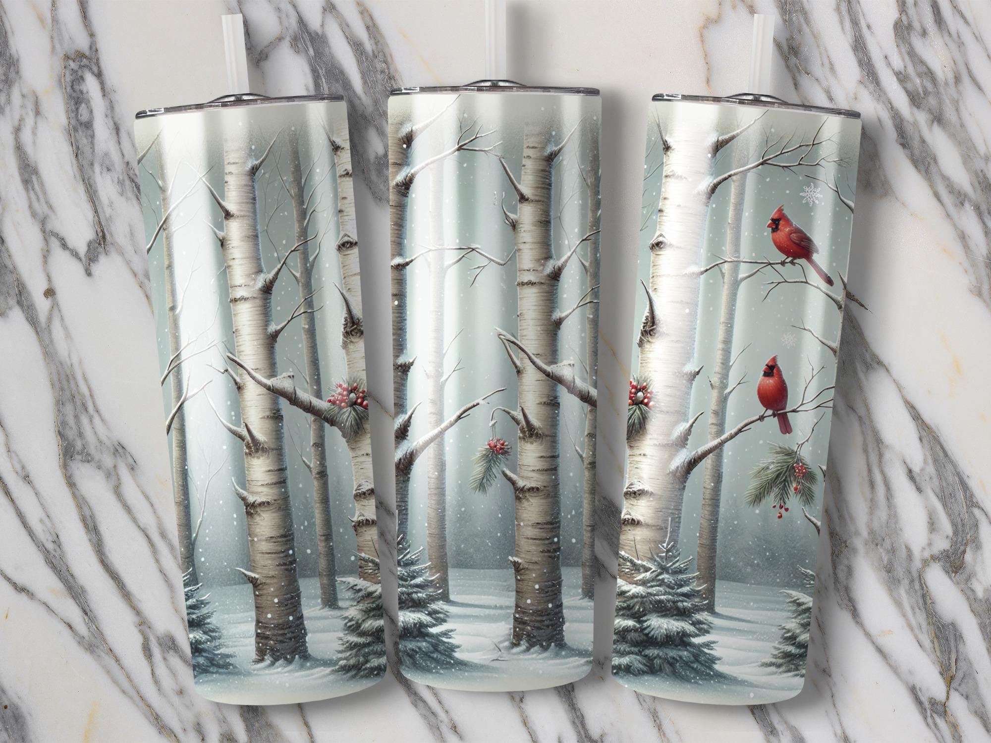 Cardinal Winter Scene Tumbler Wrap: Snowy Birch Tree PNG (Digital Download 20oz Tumbler Design)