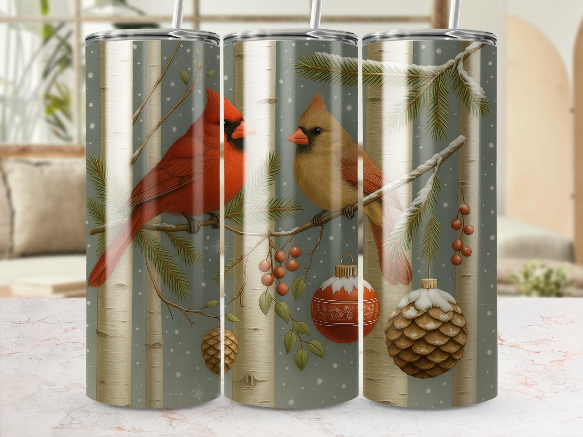 Cardinal Winter Scene Tumbler Wrap: Birch Tree PNG (Digital Download)