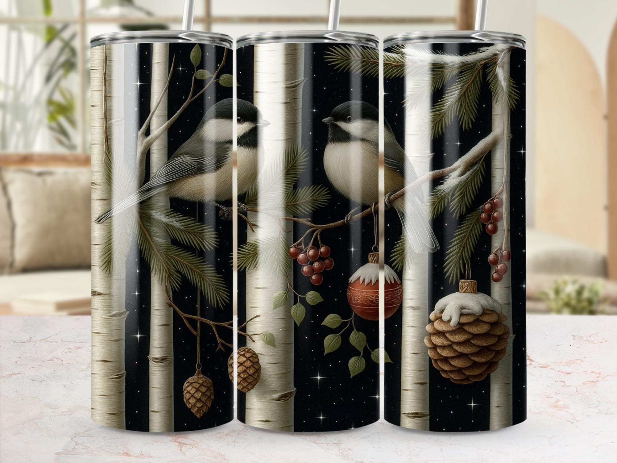 Winter Chickadee Tumbler Wrap: Birch Tree Starry Night (PNG Digital Download)
