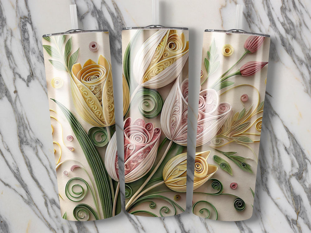 Paper Quilled Tulip Tumbler Wrap: Floral PNG Design (Digital Download)