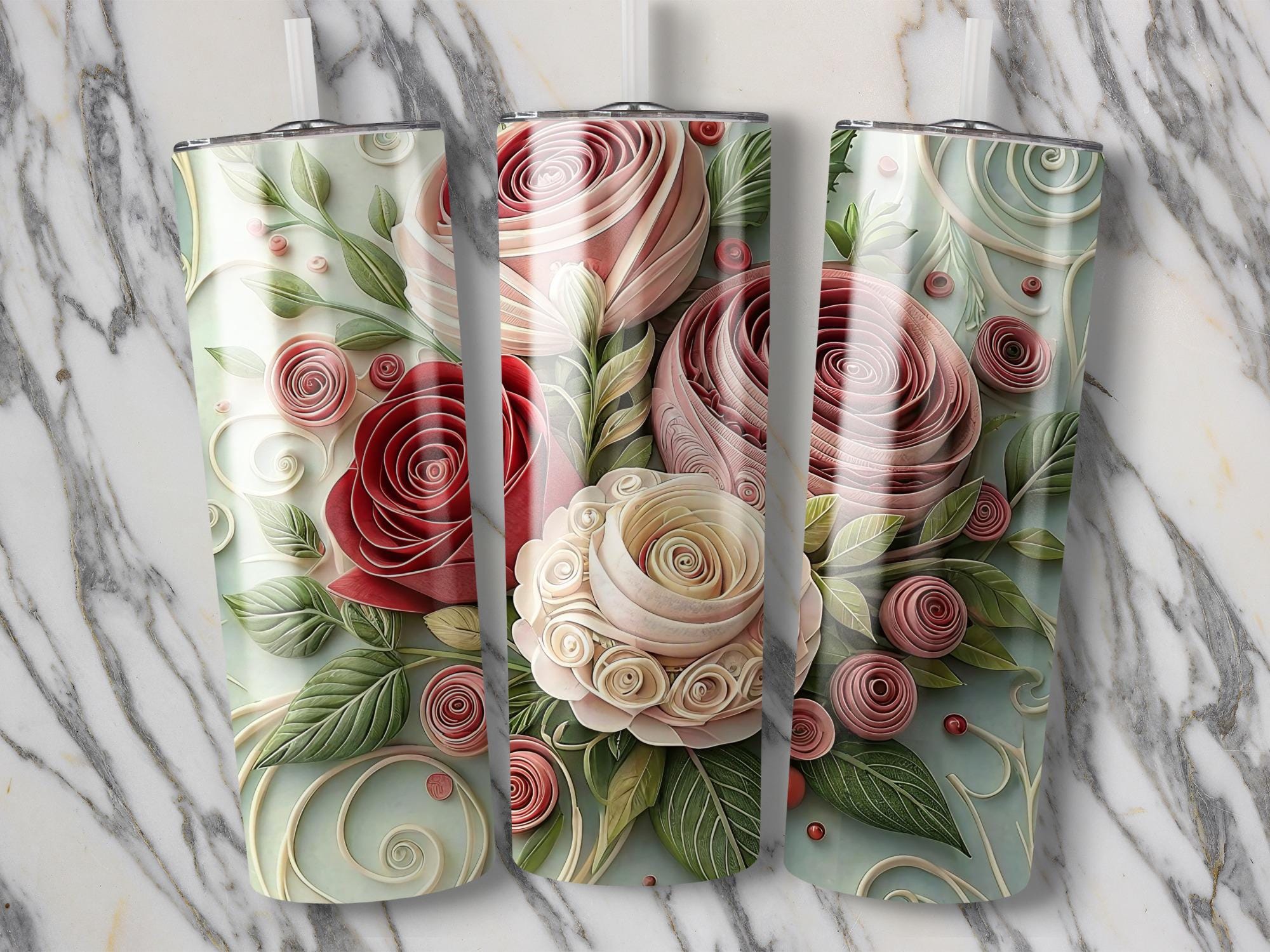 Rose Tumbler Wrap: Paper Quilling Floral Design (Digital Download PNG, 20oz Skinny Tumbler Sublimation)