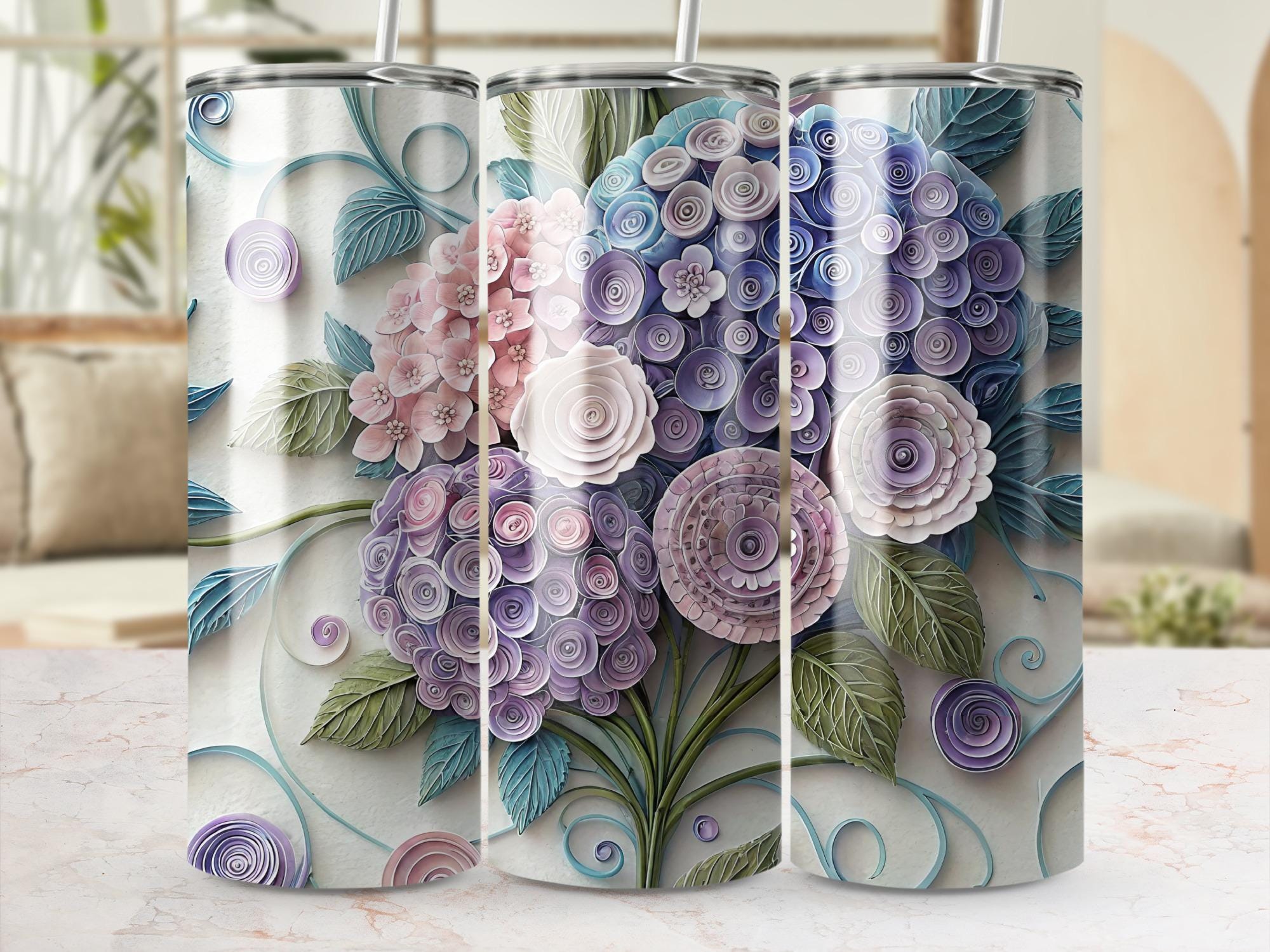 Quilled Hydrangea Tumbler Wrap: Floral Paper Art PNG (Digital Download 20oz Tumbler)