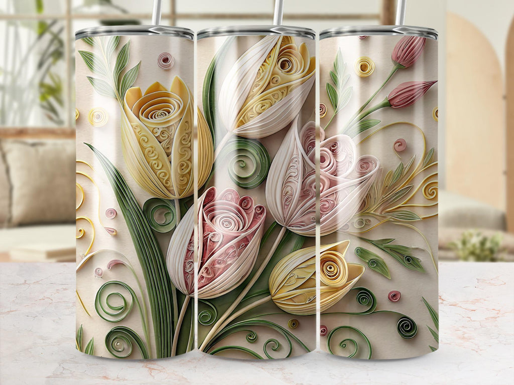 Paper Quilled Tulip Tumbler Wrap: Floral PNG Design (Digital Download)