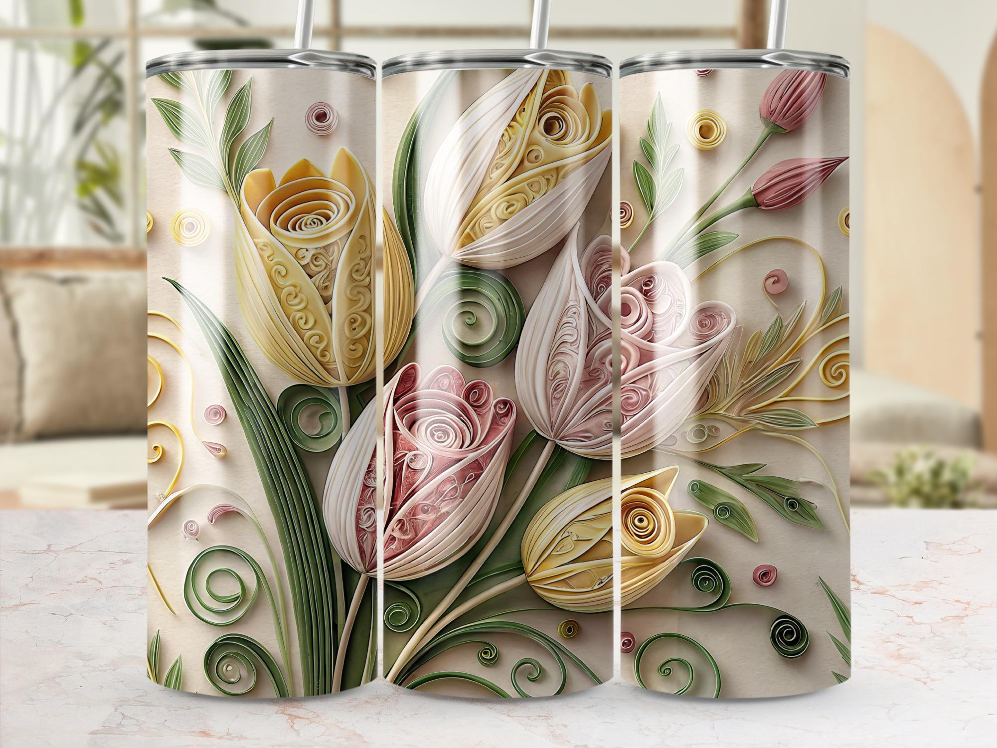 Paper Quilled Tulip Tumbler Wrap: Floral PNG Design (Digital Download)