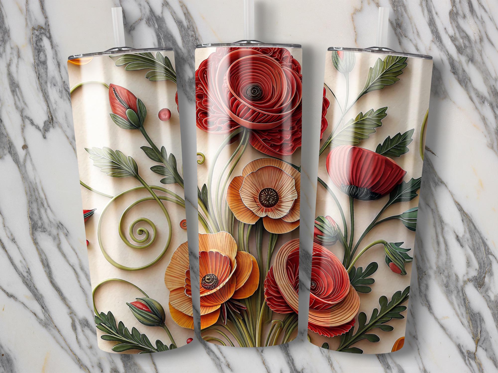 Poppy Tumbler Wrap: Paper Quilled Floral Design (Digital Download PNG, 20oz Skinny Tumbler)