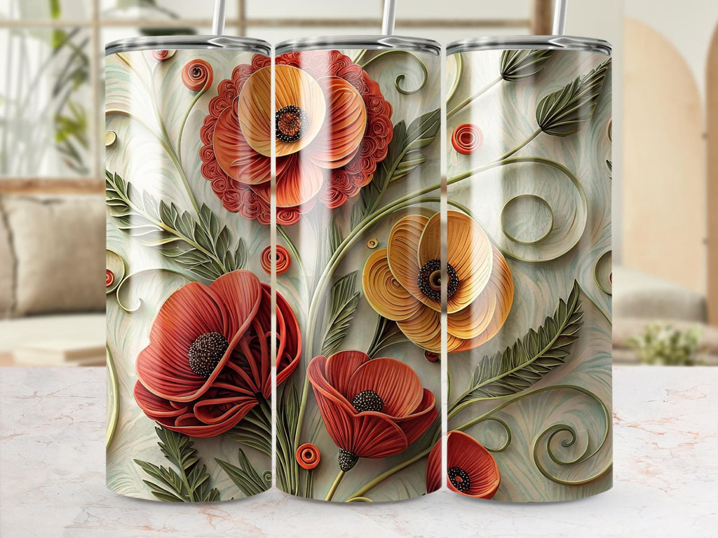 Poppy Tumbler Wrap: Paper Quilled Flower Sublimation Design (PNG Digital Download)