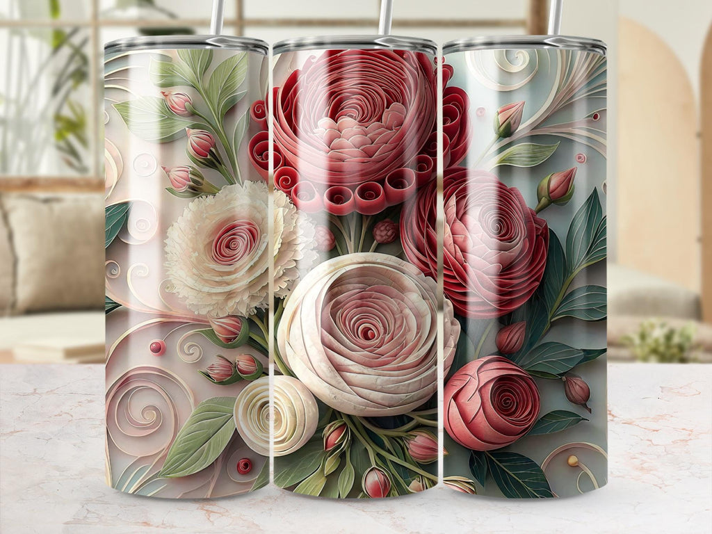 Quilled Roses Tumbler Wrap: Elegant Floral Sublimation Design (PNG Digital Download)