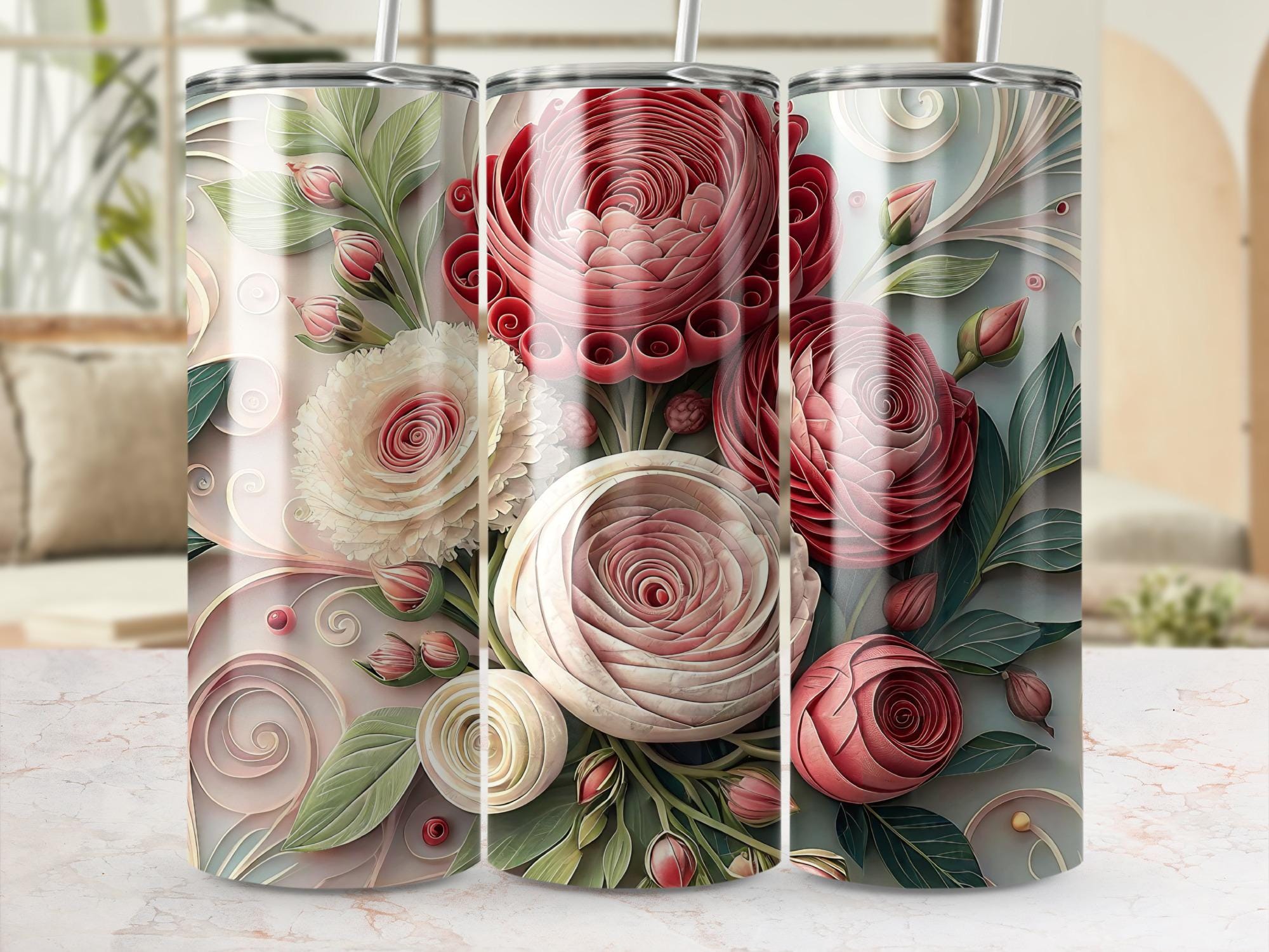 Quilled Roses Tumbler Wrap: Elegant Floral Sublimation Design (PNG Digital Download)