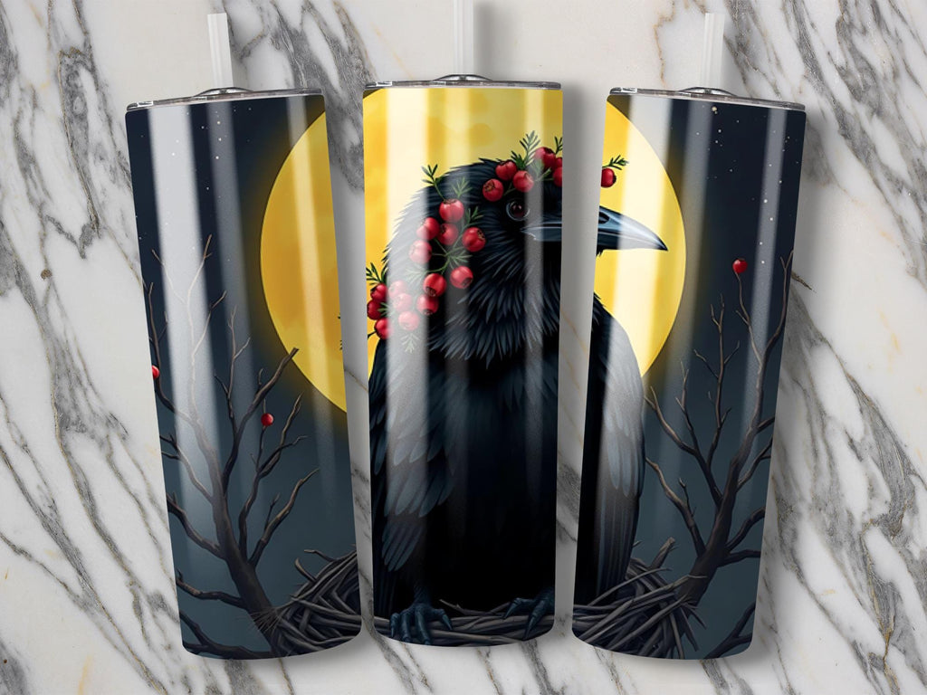 Raven Tumbler Wrap: Crow, Full Moon, Berry Wreath (Digital Download, 20oz Tumbler PNG Files)