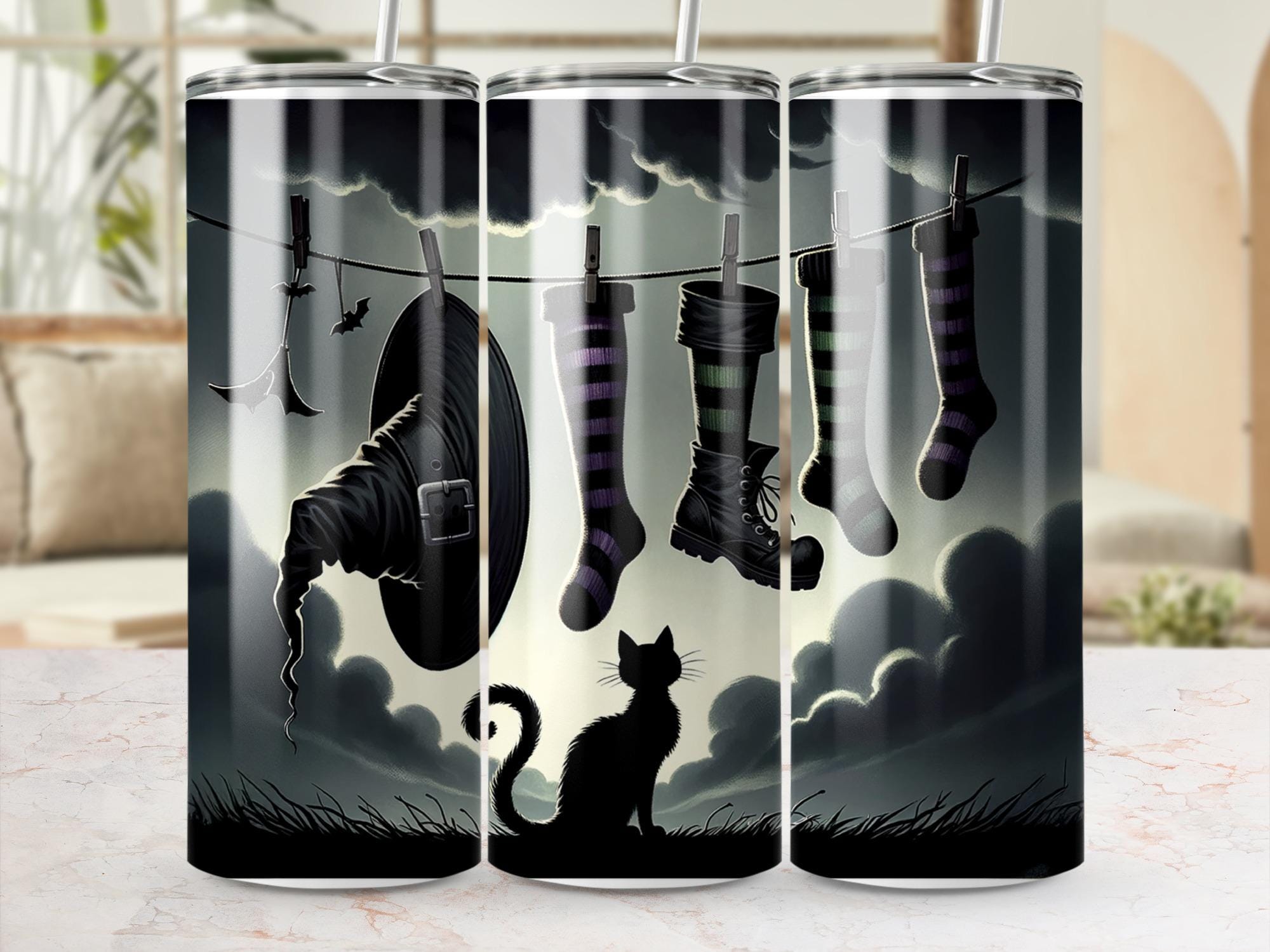 Spooky Halloween Tumbler Wrap: Witch Hat, Black Cat (Digital Download 20oz Skinny PNG File)