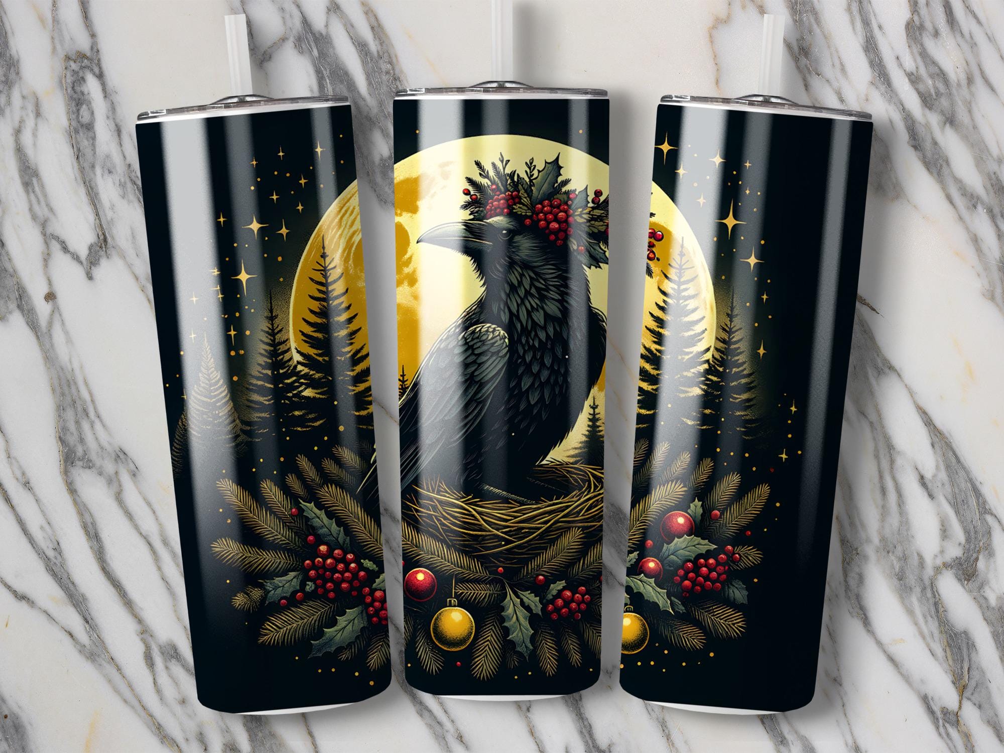 Winter Raven Tumbler Wrap: Christmas Crow PNG Sublimation Design (Digital Download)