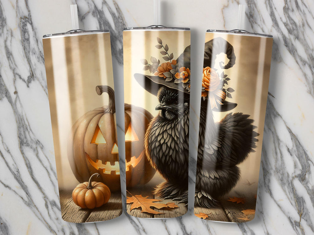 Silkie Chicken Witch Hat Tumbler Wrap: Spooky Halloween Design (Digital Download)