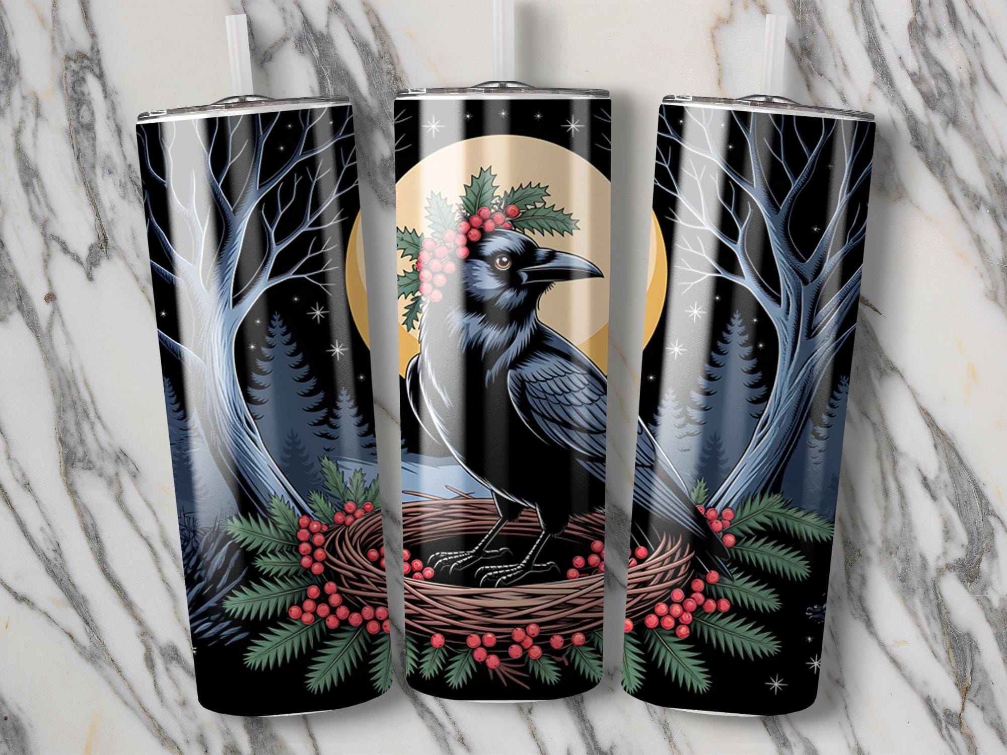 Raven Tumbler Wrap: Winter Forest Crow PNG (Digital Download)
