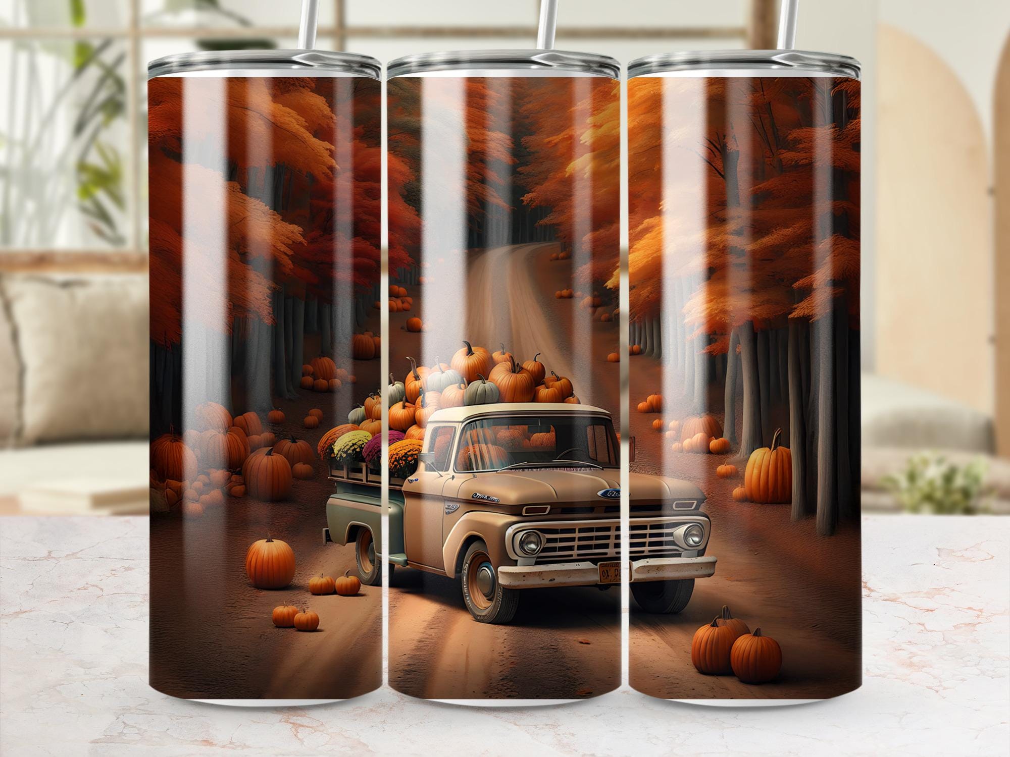 Fall Old Truck Tumbler Wrap: Autumn Road PNG Design (Digital Download)