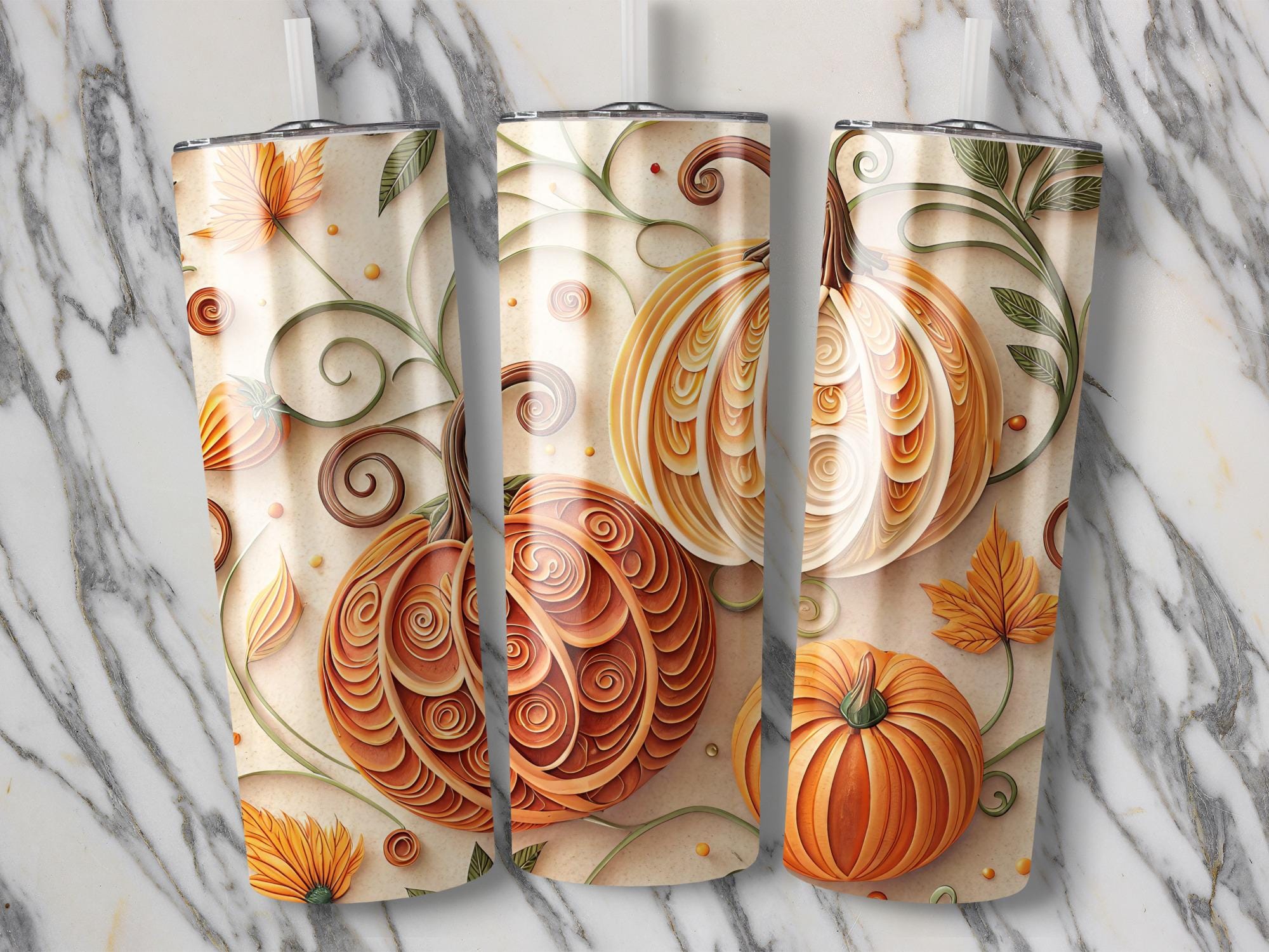 Fall Pumpkins Tumbler Wrap: Autumn Leaves 20oz Skinny Tumbler PNG (Digital Download)