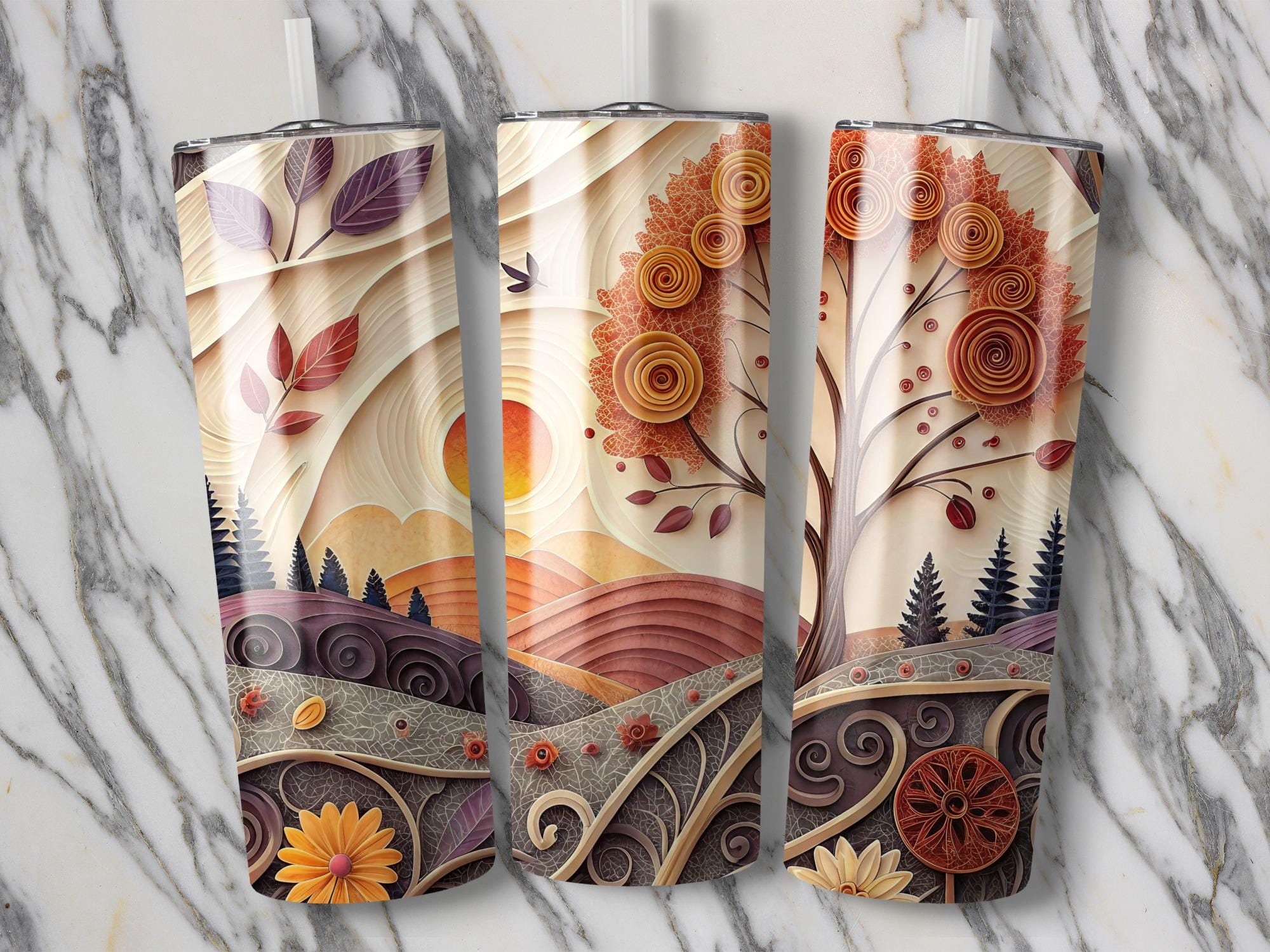 Autumn Landscape Tumbler Wrap: Fall Sunset Tree, 20oz Skinny Tumbler PNG (Digital Download)