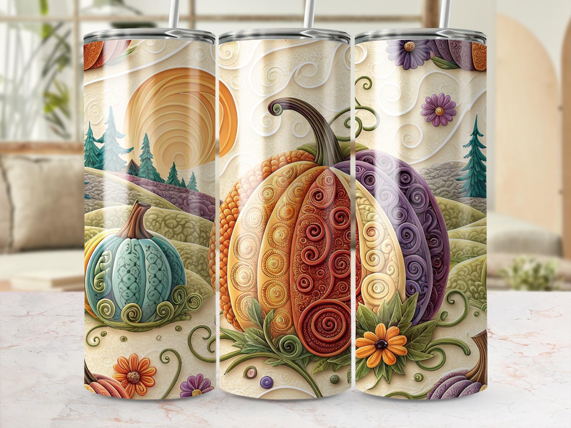 Autumn Pumpkin Tumbler Wrap: Fall Floral Design (Digital PNG)