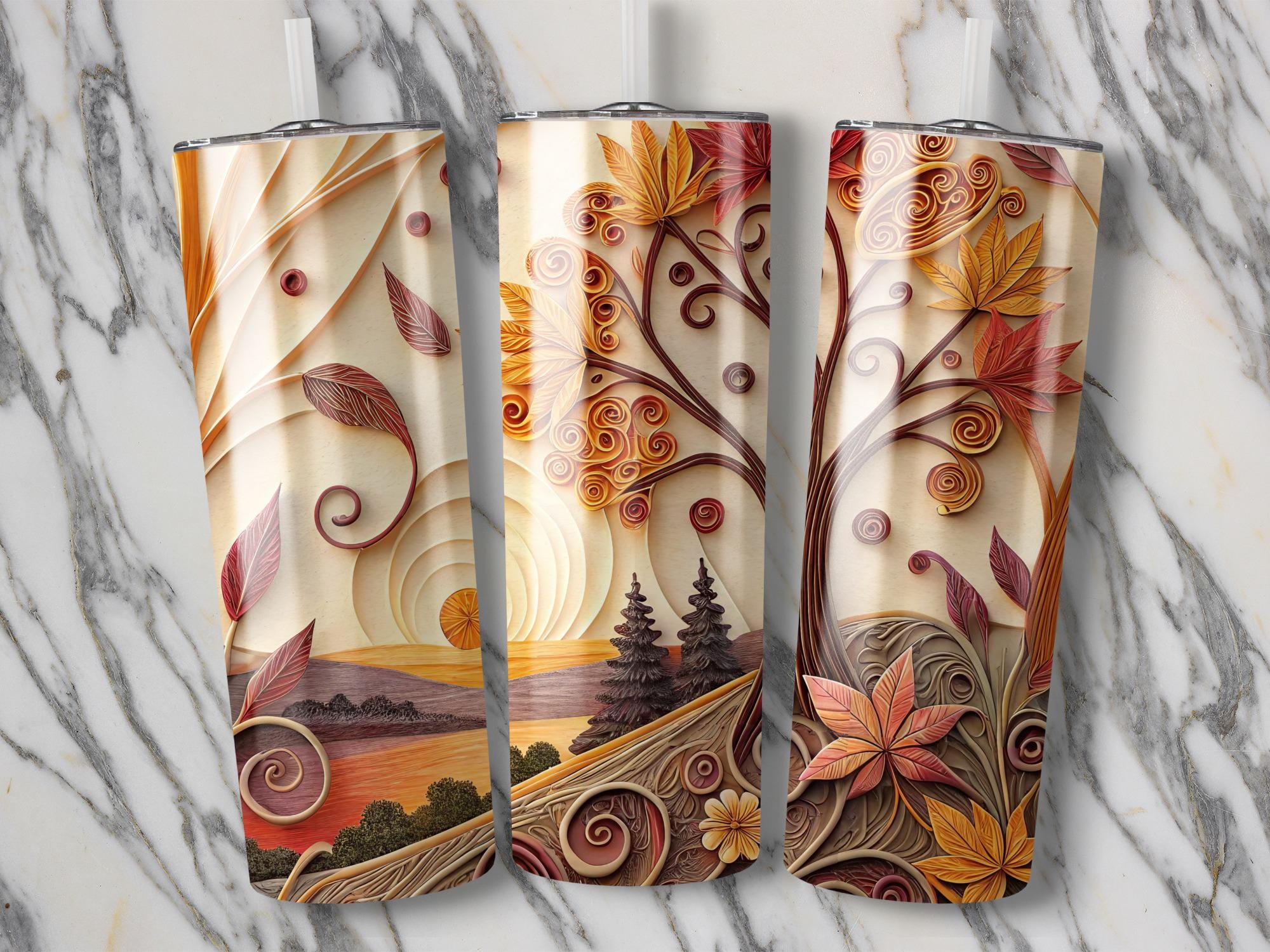 Autumn Tree Tumbler Wrap: Fall Leaves Quilling Art (PNG Digital Download)