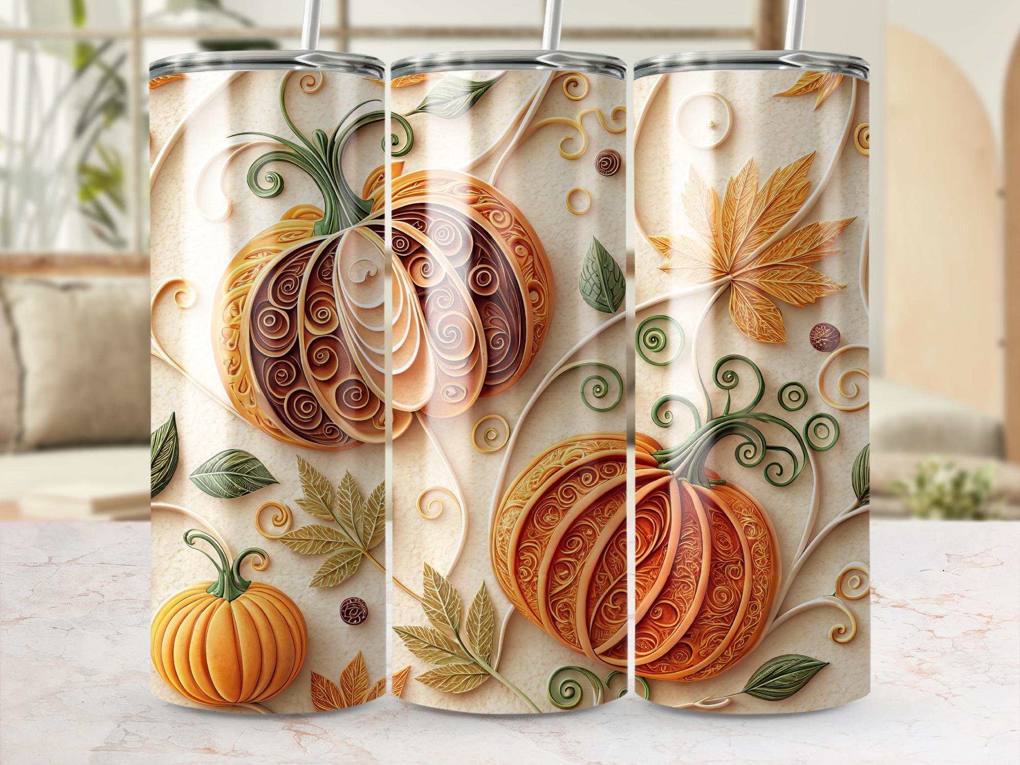 Fall Leaves Pumpkin Tumbler Wrap: Autumn Sublimation Design (Digital Download