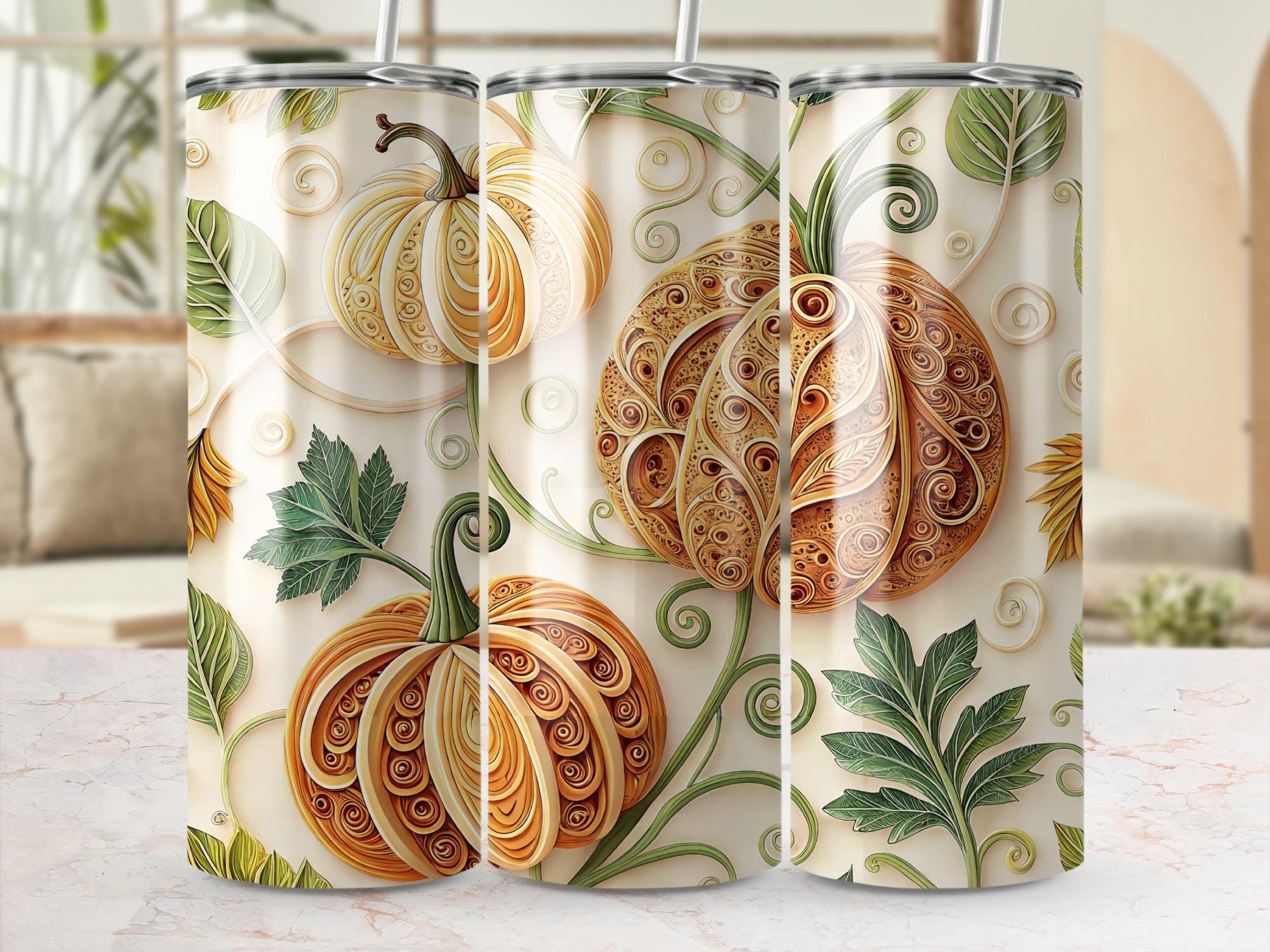 Autumn Pumpkin Tumbler Wrap: Fall Leaves Sublimation Design (PNG Digital Download 20oz Tumbler)