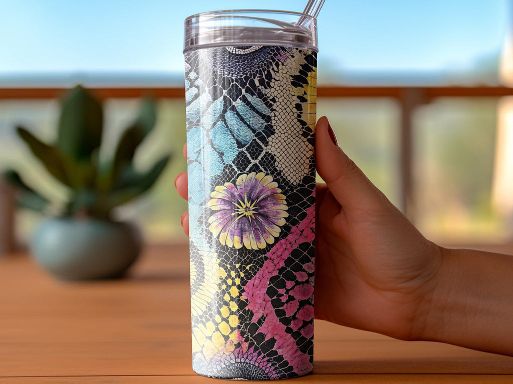 Floral Snakeskin Tumbler Wrap: Rainbow 20 oz Skinny Tumbler (Digital Download Design