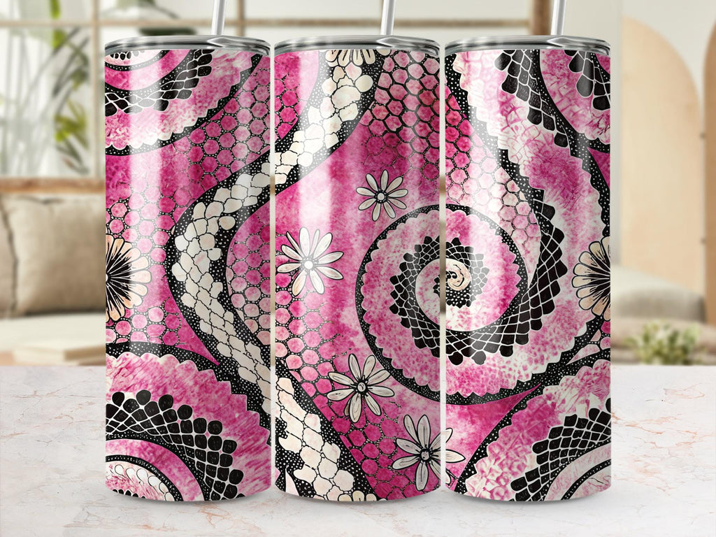 Pink Floral Tumbler Wrap, Daisy Flower Pattern 20 oz Sublimation Skinny Tumbler, Spiral Lace Design, Digital Download