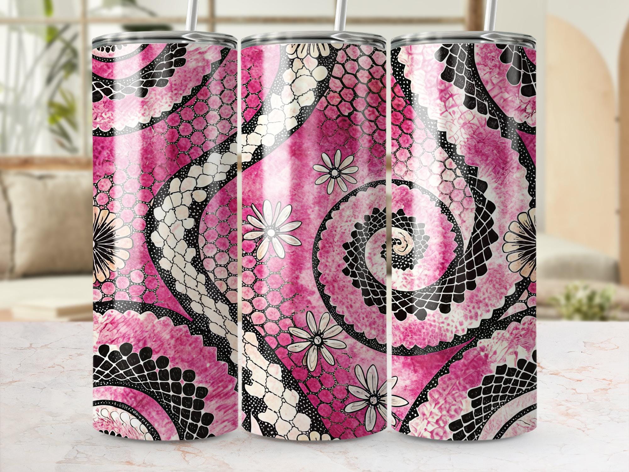 Pink Floral Tumbler Wrap, Daisy Flower Pattern 20 oz Sublimation Skinny Tumbler, Spiral Lace Design, Digital Download