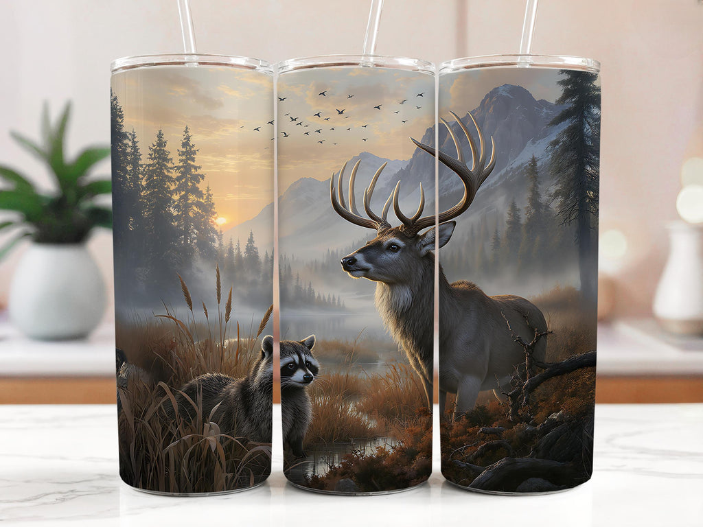 Deer & Raccoon Tumbler Wrap: Wildlife Forest Design (Digital Download PNG)