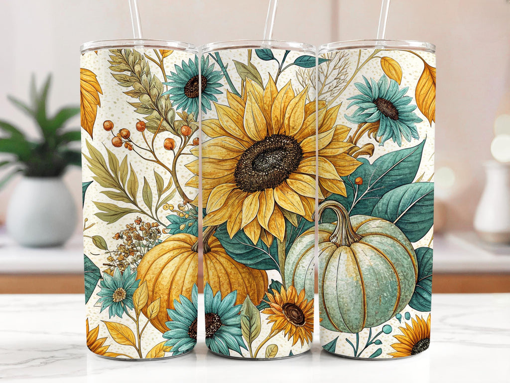 Sunflower Pumpkin Tumbler Wrap: Fall Floral 20oz Skinny Tumbler PNG (Digital Download)
