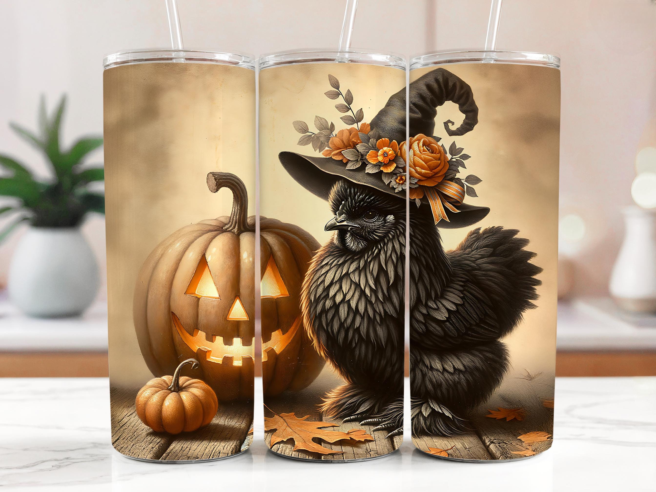Silkie Chicken Witch Hat Tumbler Wrap: Spooky Halloween Design (Digital Download)