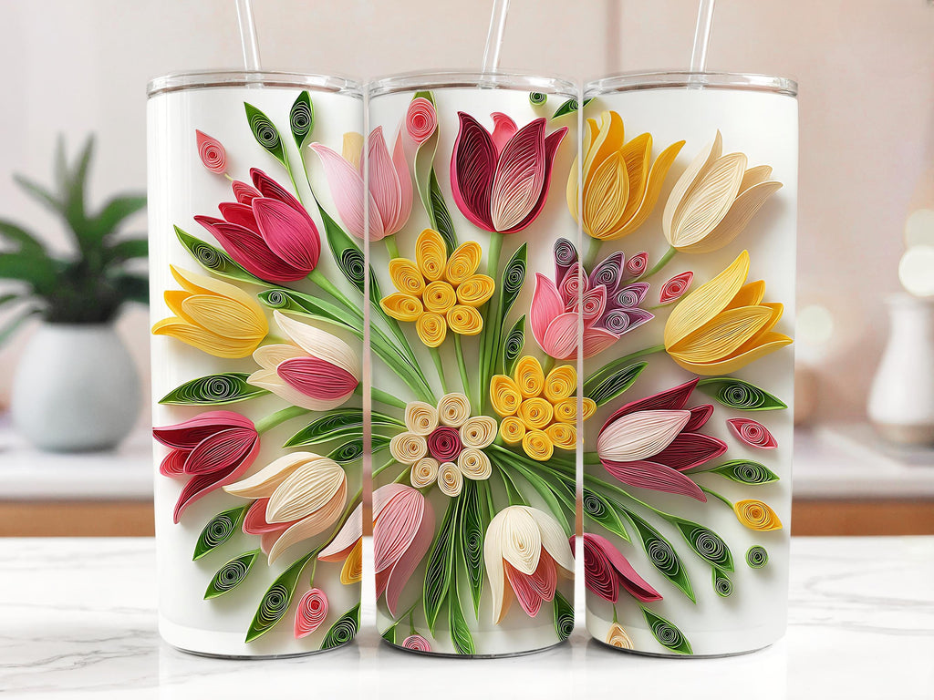 Quilled Tulip Tumbler Wrap: Floral Sublimation Design (Digital Download, 20oz Skinny Tumbler PNG)