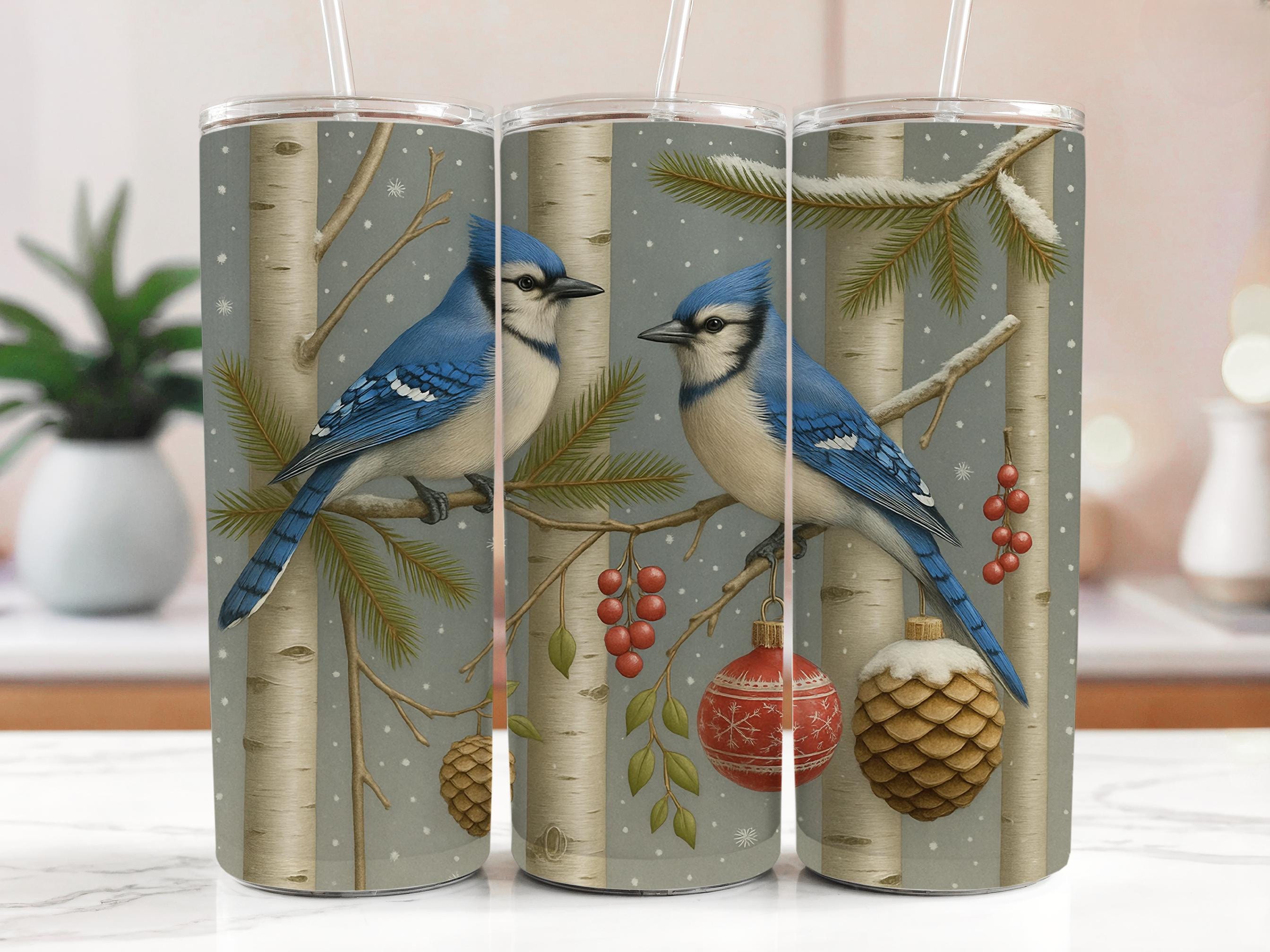Blue Jay Tumbler Wrap: Winter Bird Birch Tree PNG (Digital Download 20oz Tumbler Design)