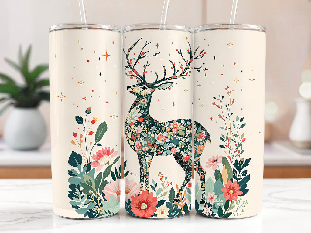 Floral Deer Tumbler Wrap: Boho PNG Sublimation Design (Digital Download)