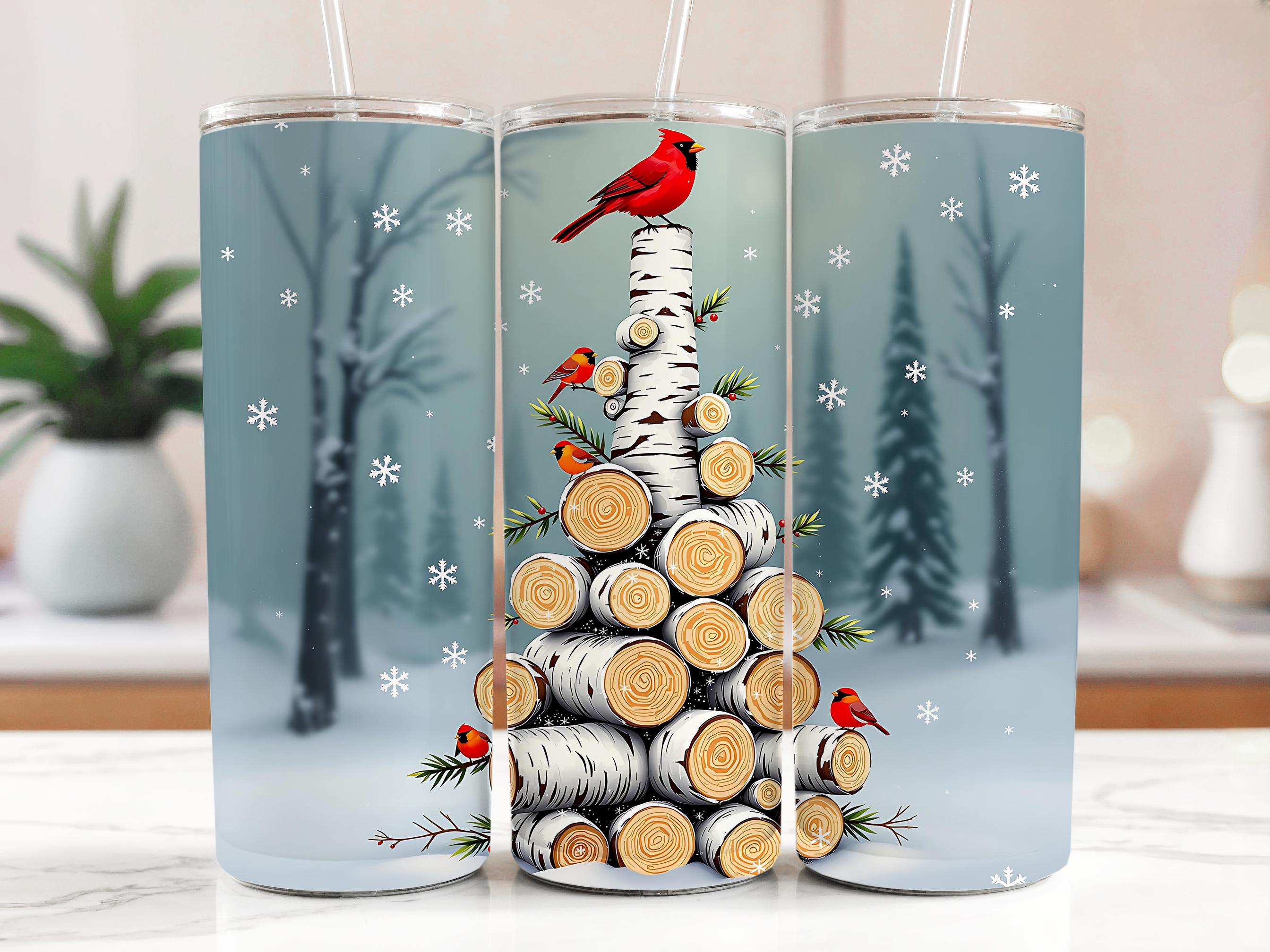 Cardinal Tumbler Wrap: Winter Bird Christmas Tree PNG (Digital Download)
