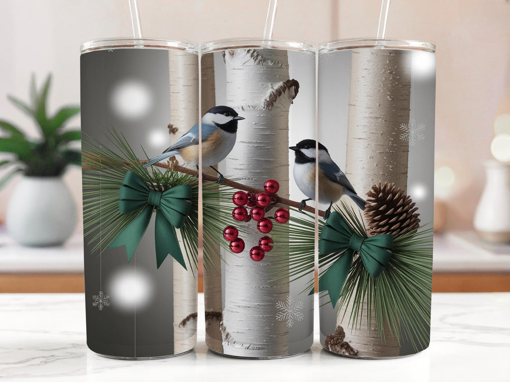 Winter Chickadee Tumbler Wrap: Birch Tree & Pine Design (Digital Download PNG)
