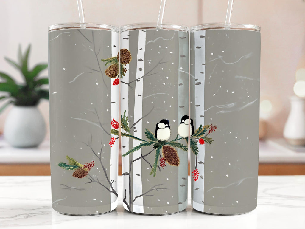 Chickadee Tumbler Wrap: Winter Bird, Birch Tree Design (Digital Download, 20oz PNG Files)