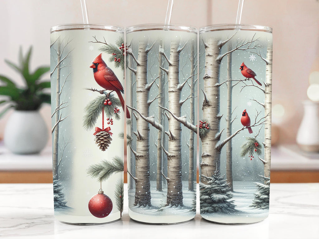 Winter Cardinal Tumbler Wrap: Snowy Birch Tree PNG Design (Digital Download