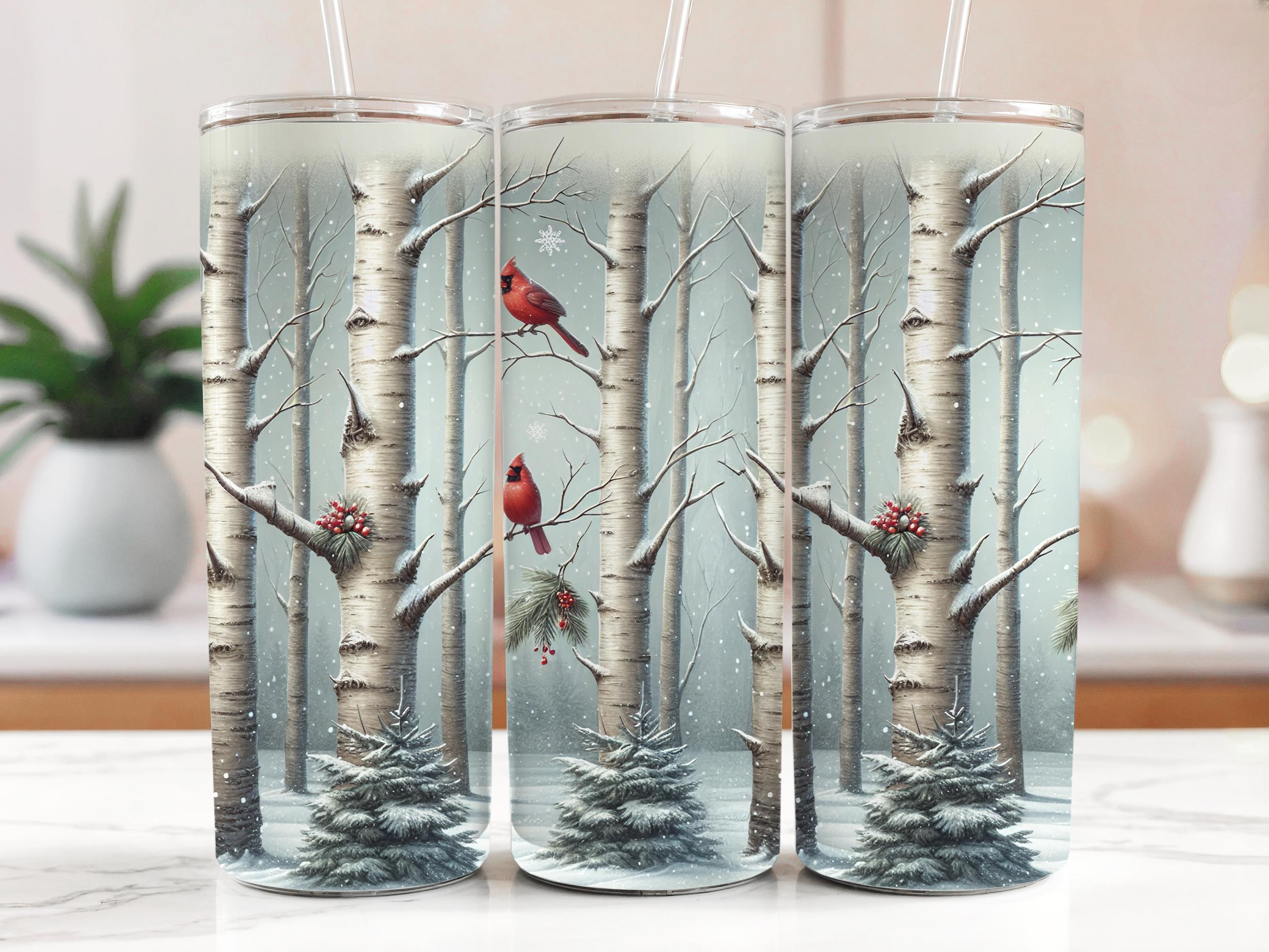 Cardinal Winter Scene Tumbler Wrap: Snowy Birch Tree PNG (Digital Download 20oz Tumbler Design)