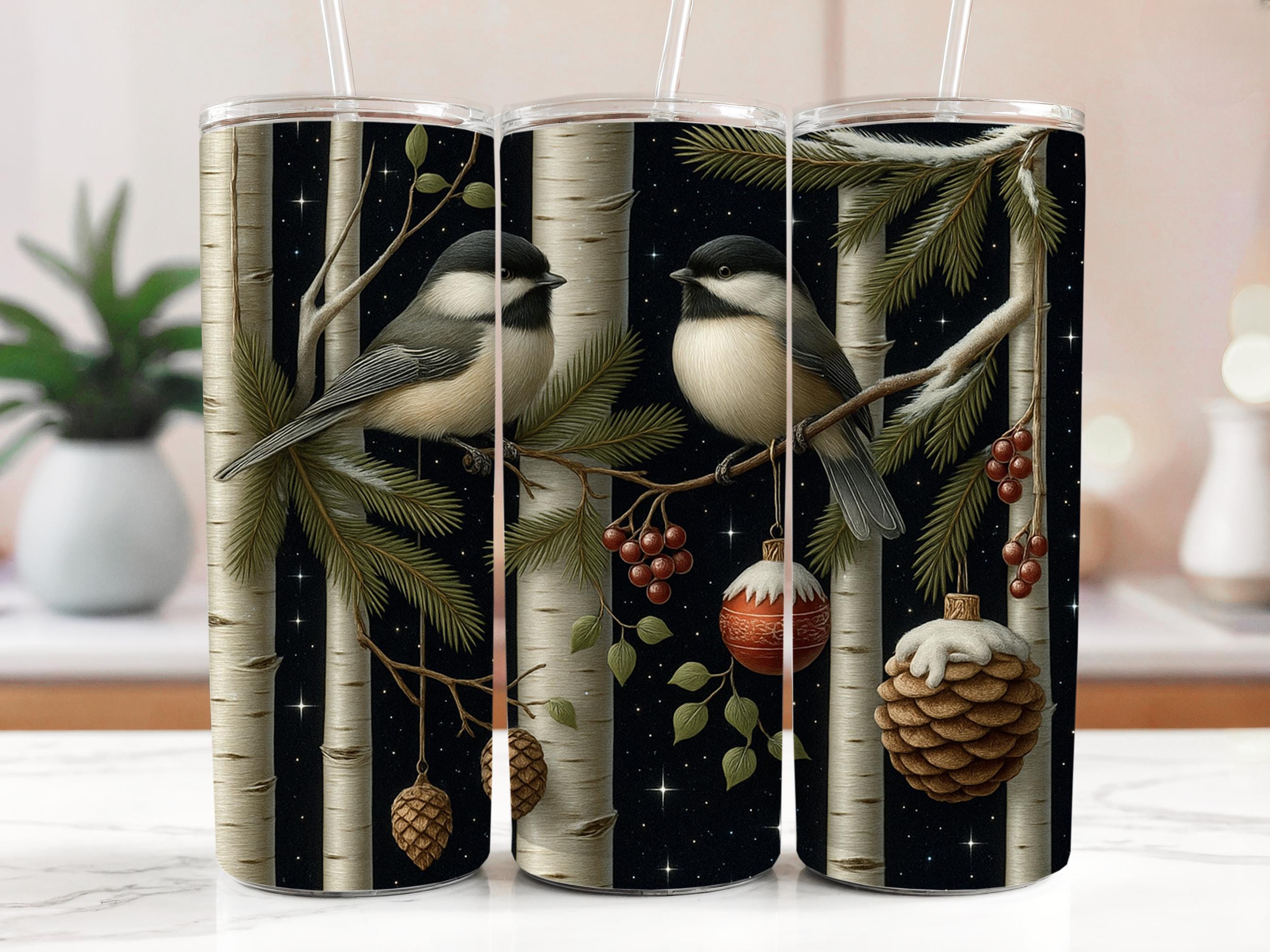 Winter Chickadee Tumbler Wrap: Birch Tree Starry Night (PNG Digital Download)