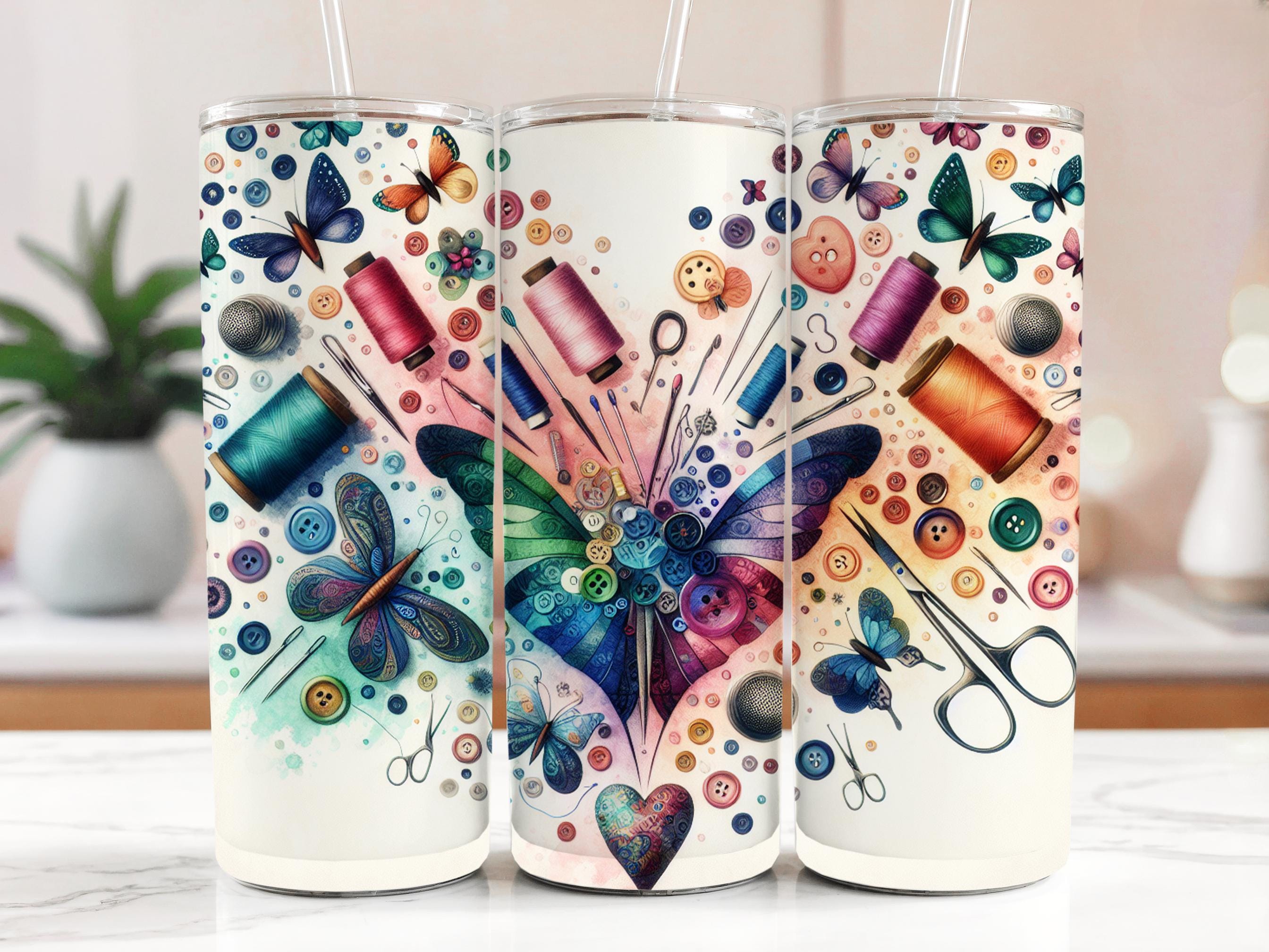 Butterfly Sewing Tumbler Wrap: 20oz Skinny Seamstress Design (Digital Download