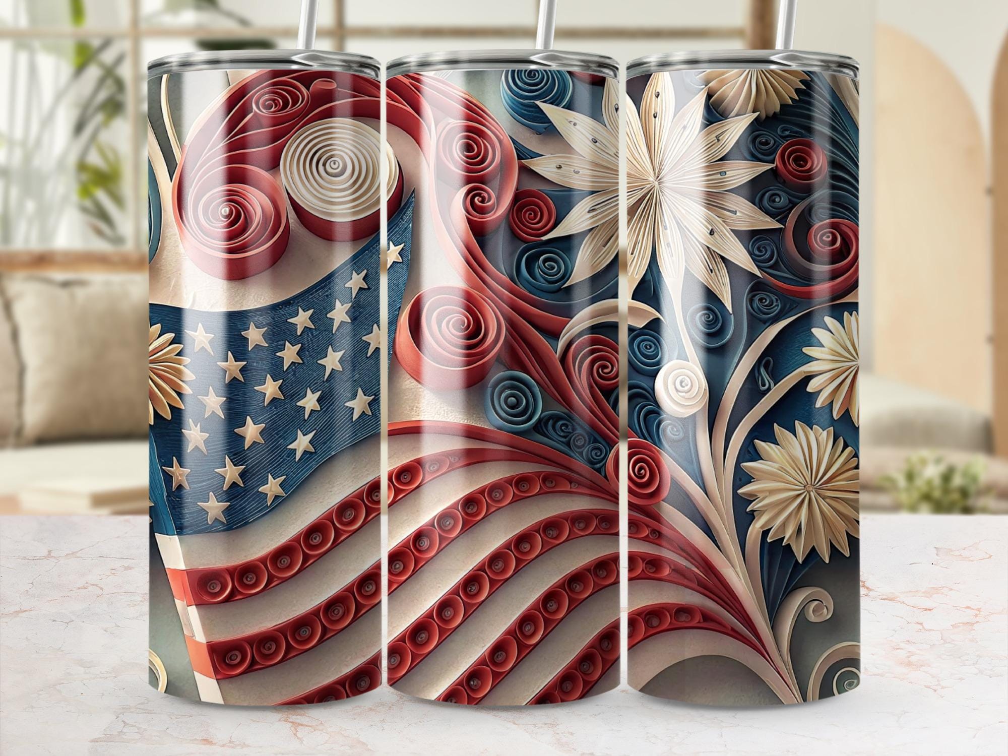 Quilled American Flag Tumbler Wrap: Patriotic PNG Design (Digital Download)