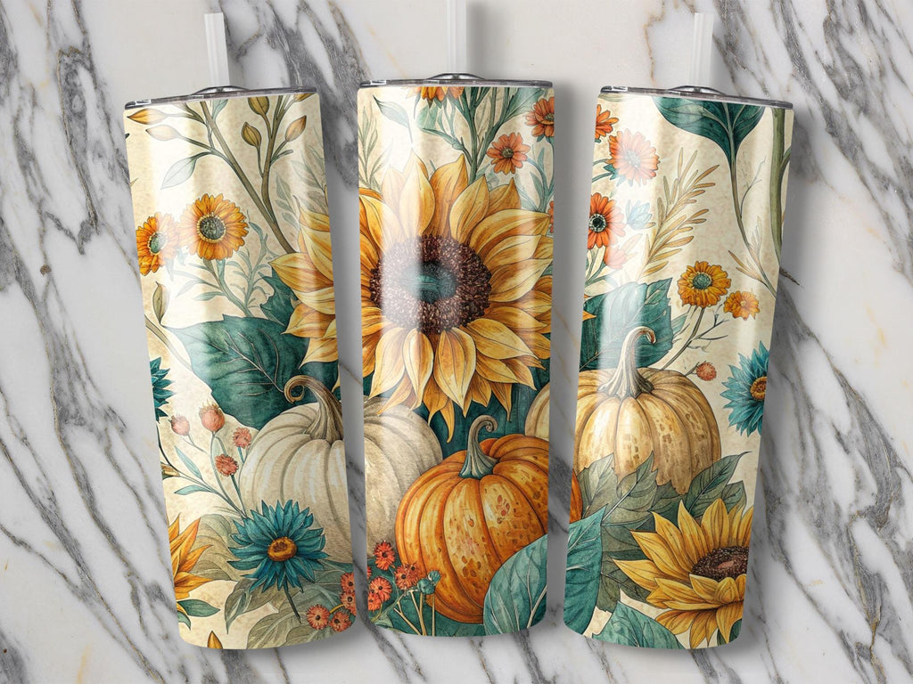 Sunflower Pumpkin Tumbler Wrap: Autumn Floral 20oz Skinny Tumbler PNG (Digital Download)