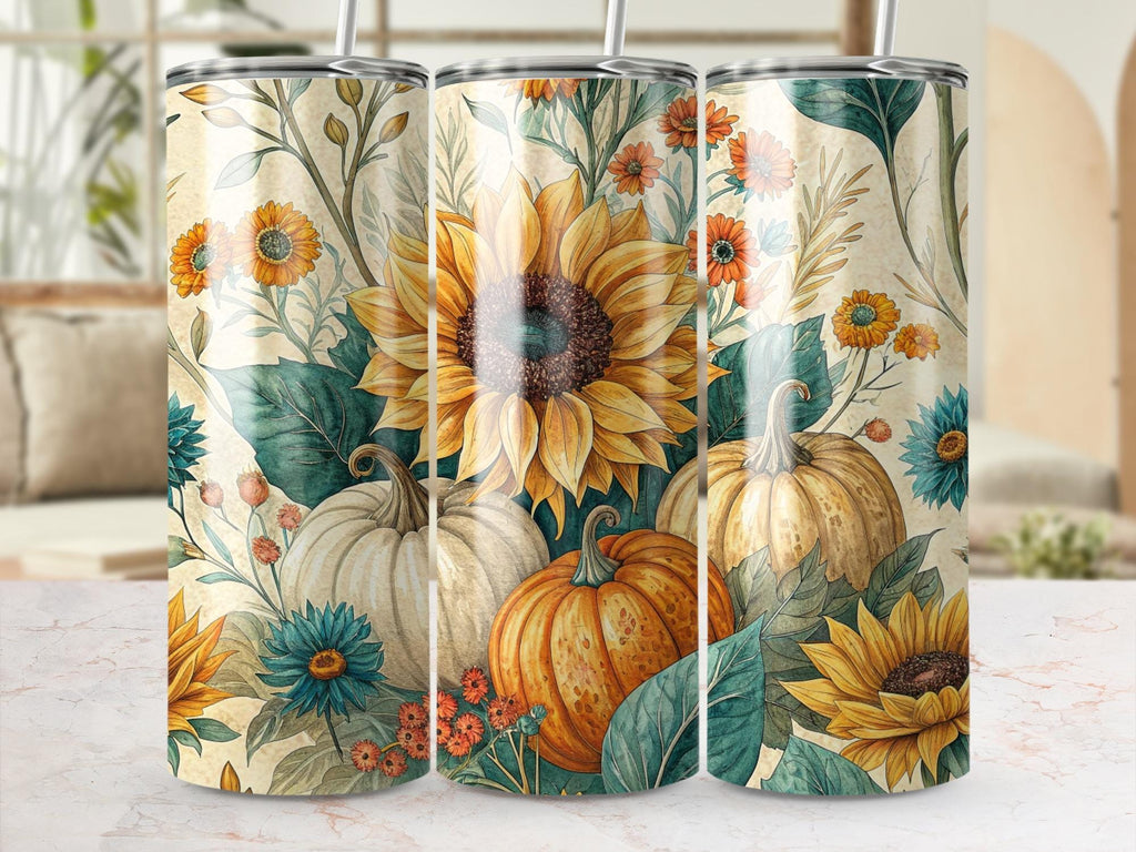 Sunflower Pumpkin Tumbler Wrap: Autumn Floral 20oz Skinny Tumbler PNG (Digital Download)