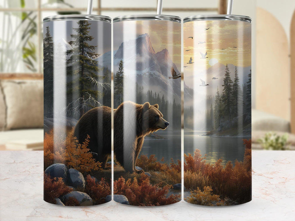 Grizzly Bear Mountain Lake Tumbler Wrap: Wildlife Scene (Digital Download)