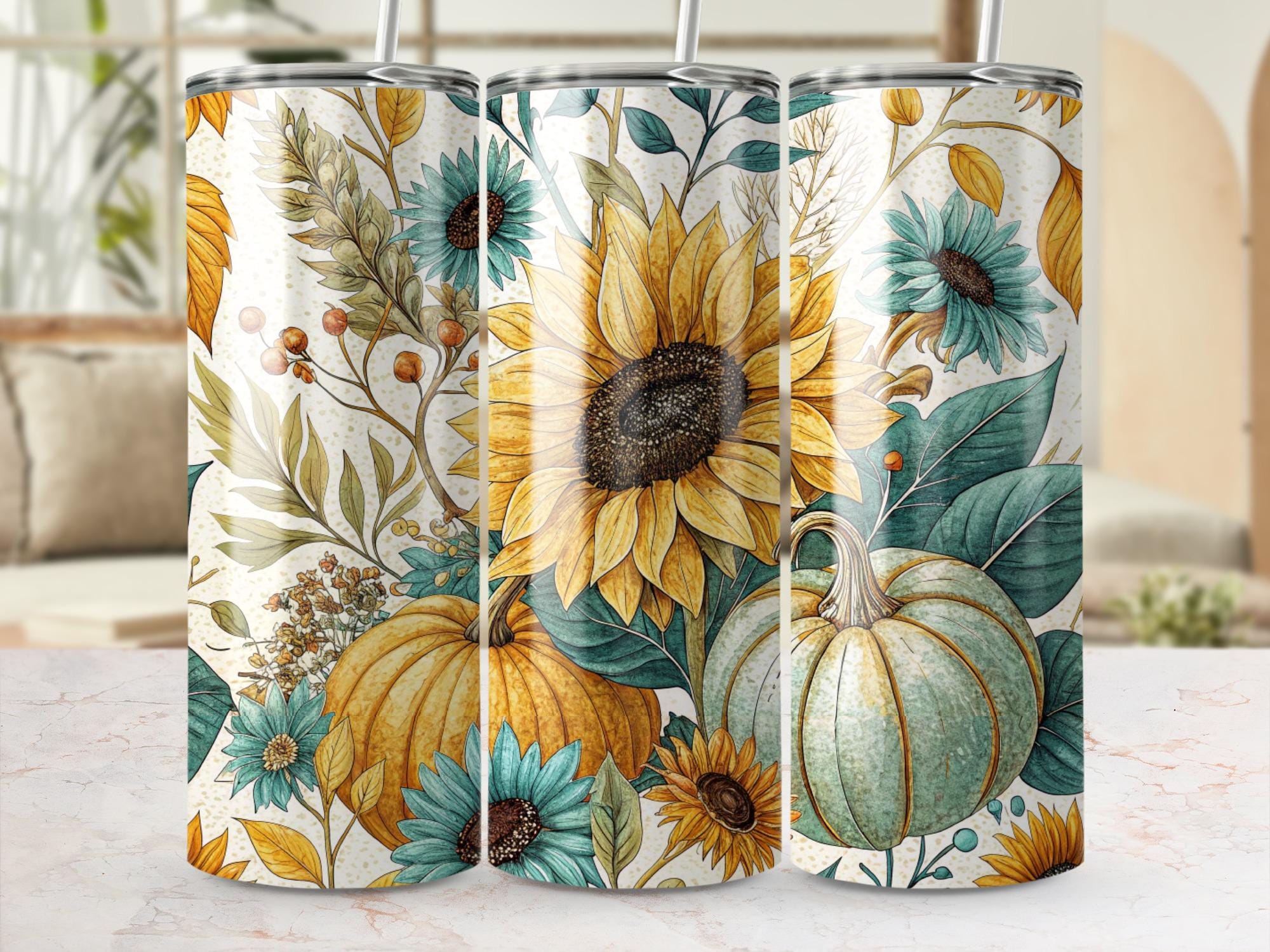 Sunflower Pumpkin Tumbler Wrap: Fall Floral 20oz Skinny Tumbler PNG (Digital Download)