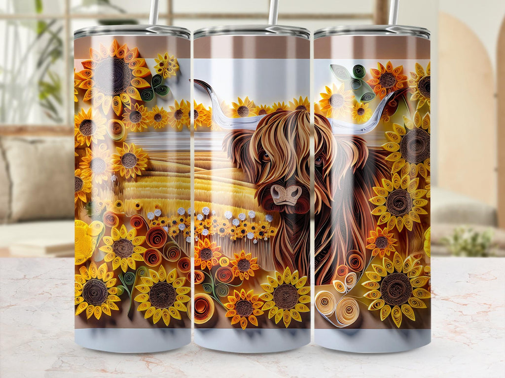 Highland Cow Tumbler Wrap: Sunflower Floral PNG (Digital Download 20oz Tumbler Design)